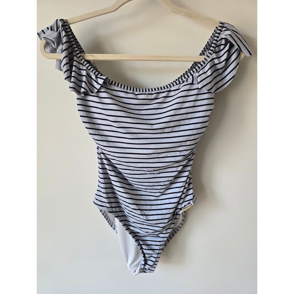 Vince Camuto Swim Womens Striped Ruffle Off Shoulder One Piece Swimsuit Size 6